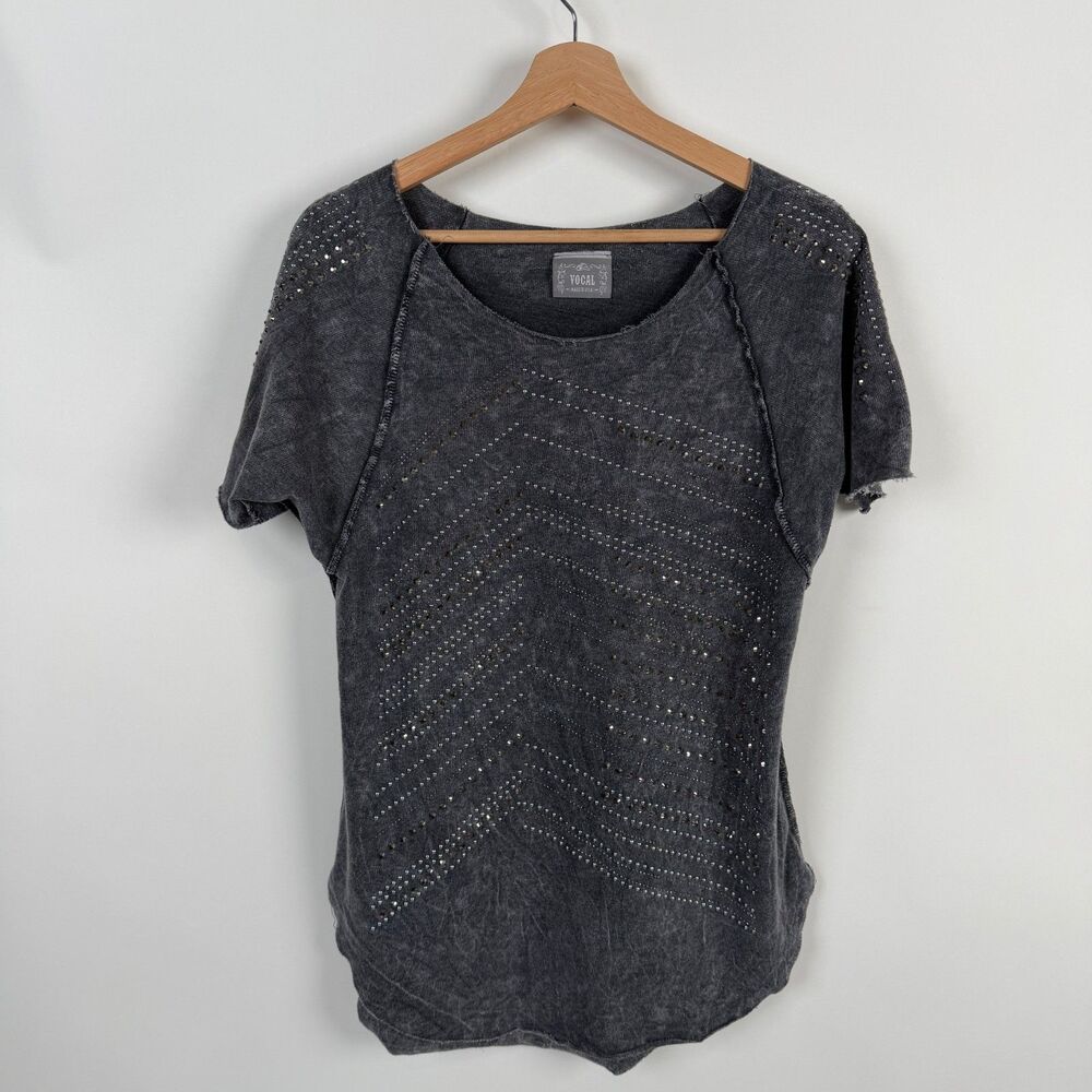 Vocal Short Sleeve Tee Womens Small Dark Grey Rhinestone Grunge Raw Hem Y2K Top